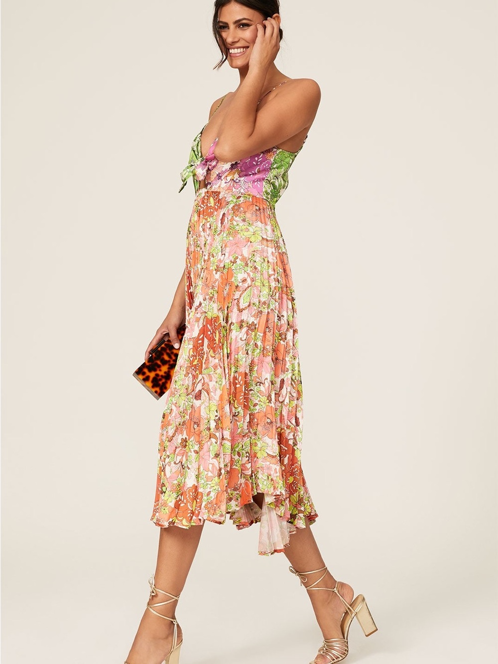 Floral Tie-Front Midi Skirt in Pink, Orange & Green